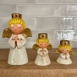 Vintage Full Set 3 Ardco Japan White Angel Candleholder Taper Candles Retro Deco